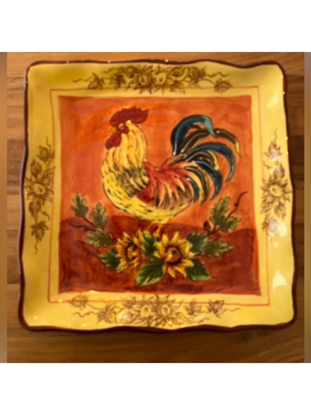 MAXCERA CORP Orange Rooster Square Plate Sunflowers Floral Edge Pattern Farmcore - Picture 4 of 8